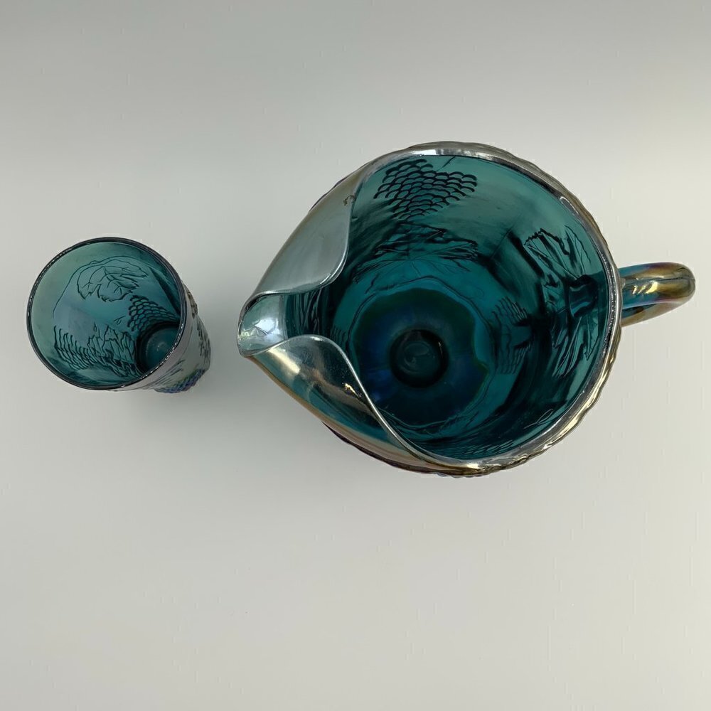 Vintage Blue Indiana Glass Grape Harvest Carnival Pitcher and Drinking Glass - Picture 8 of 8